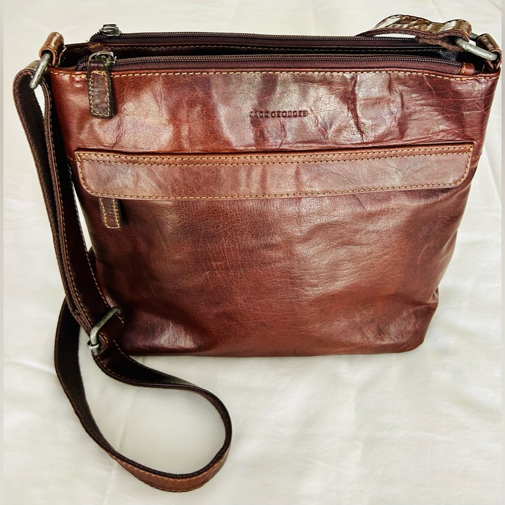 Jack Georges Voyager Zip Top Brown Leather Crossbody Bag